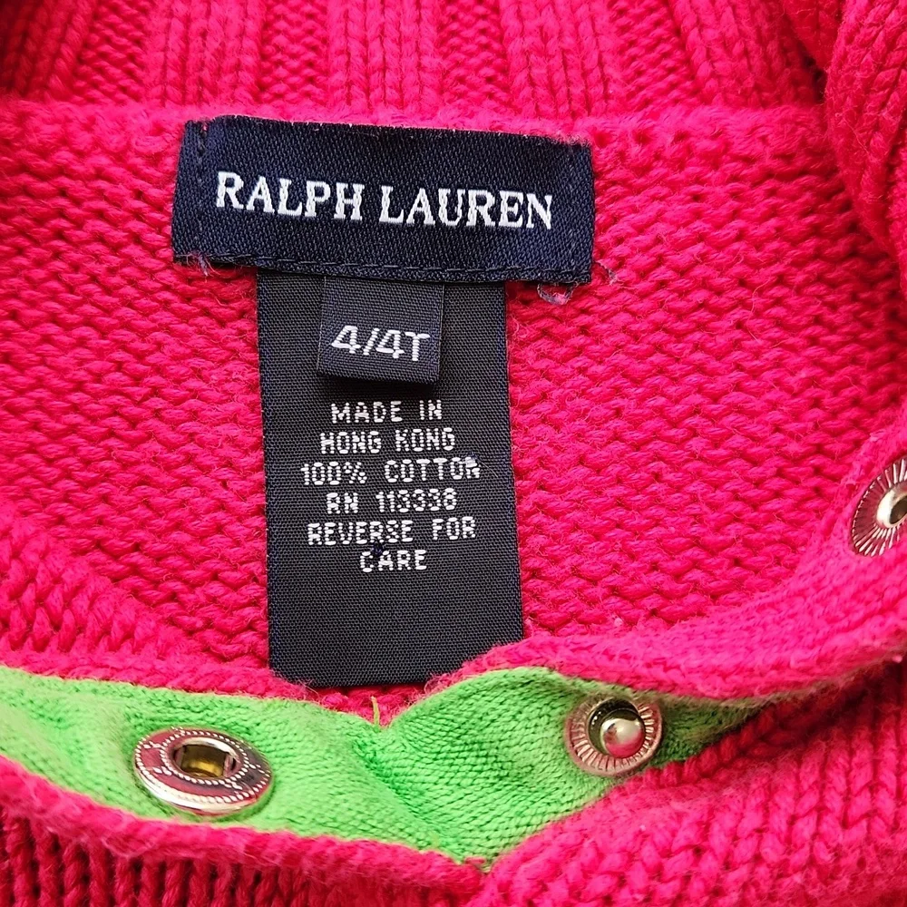 Vintage Ralph Lauren Hot Pink Girl's Neon Green Pony Turtleneck Sweater 4T